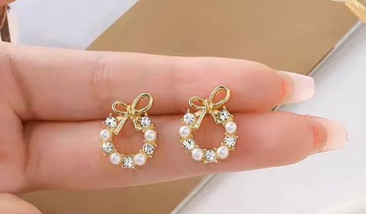 Rhinestone Pearl Bow Wreath Earrings