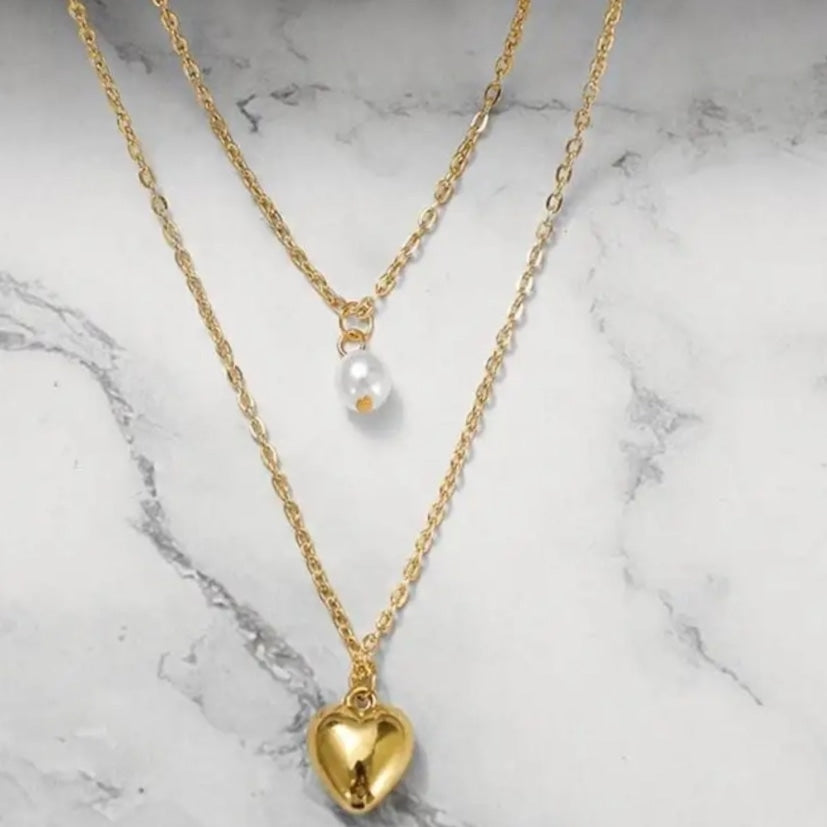 Double-layered Pearl and Heart Necklace