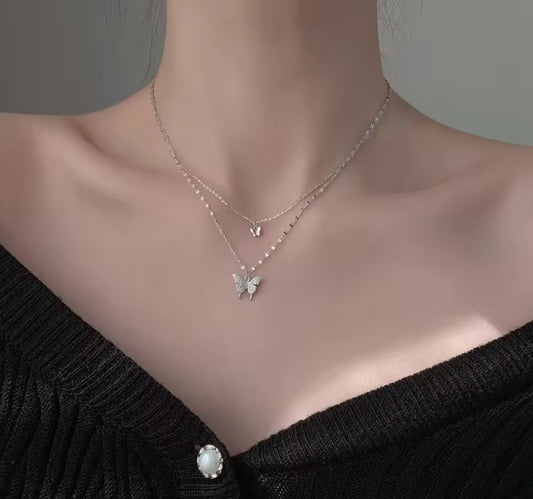 Double Layer Silver Butterfly Necklace